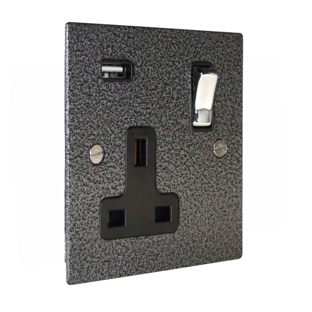 Elements 1-Gang 13-Amp Switched USB Socket in Silver Crackle
