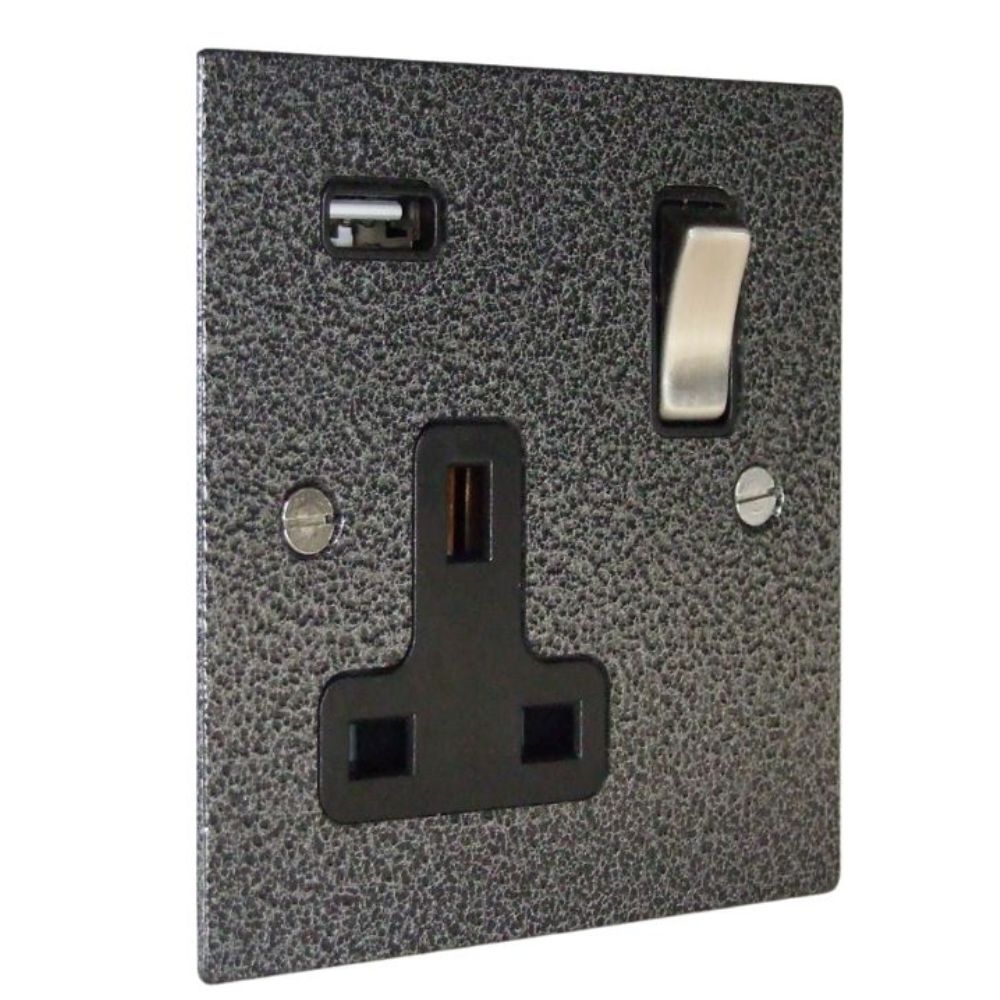 Elements 1-Gang 13-Amp Switched USB Socket in Silver Crackle