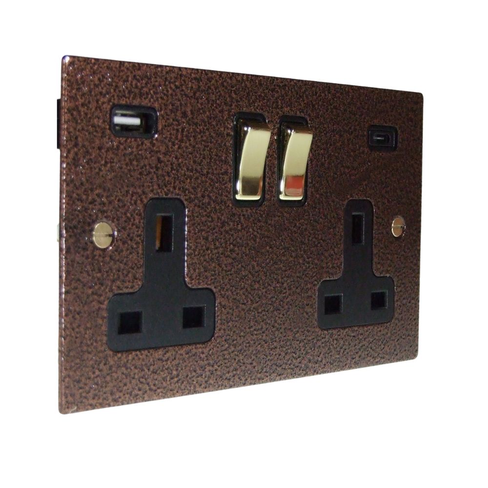 Elements 2-Gang 13-Amp Switched USB A+C Socket in Copper Crackle