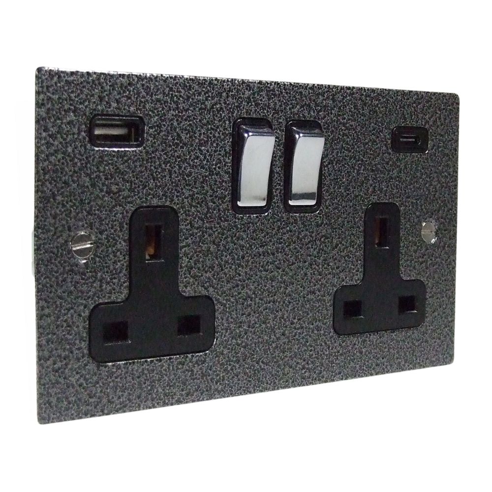 Elements 2-Gang 13-Amp Switched USB A+C Socket in Silver Crackle