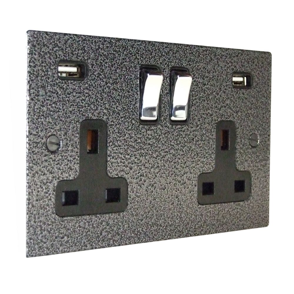 Elements 2-Gang 13-Amp Switched USB Socket in Silver Crackle