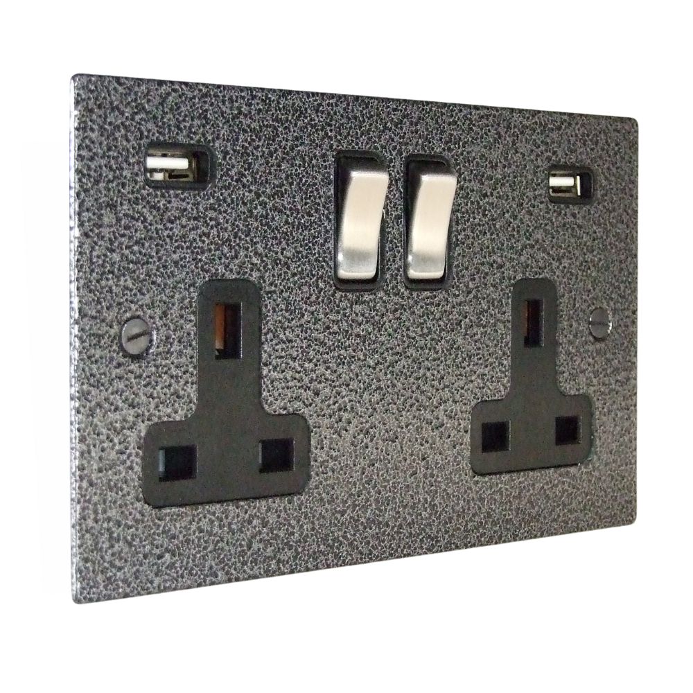 Elements 2-Gang 13-Amp Switched USB Socket in Silver Crackle