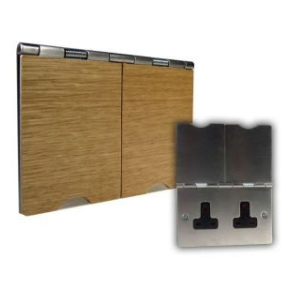 2-Gang 13-Amp Unswitched Floor Socket Oak Wood Black Trim