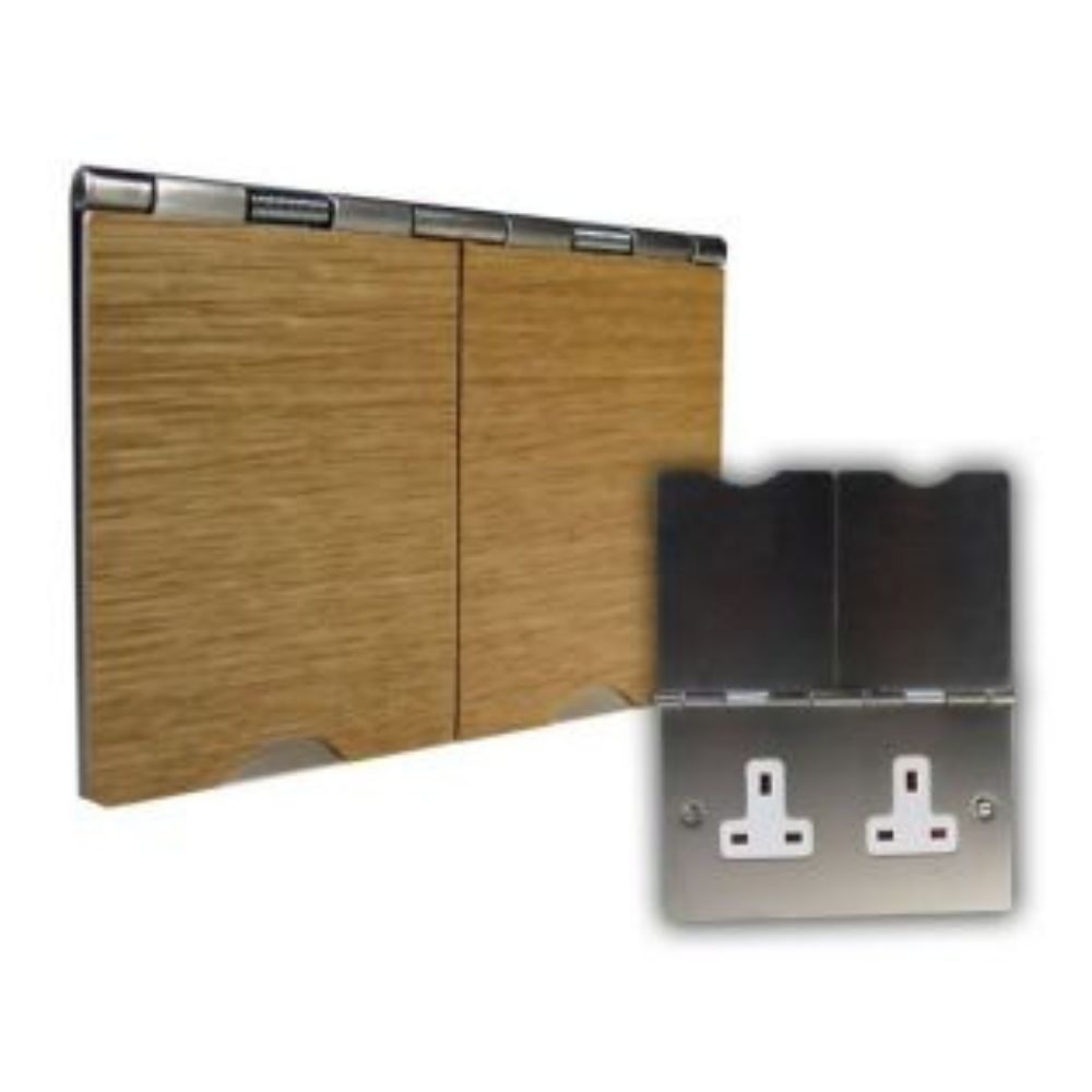 2-Gang 13-Amp Unswitched Floor Socket Oak Wood White Trim