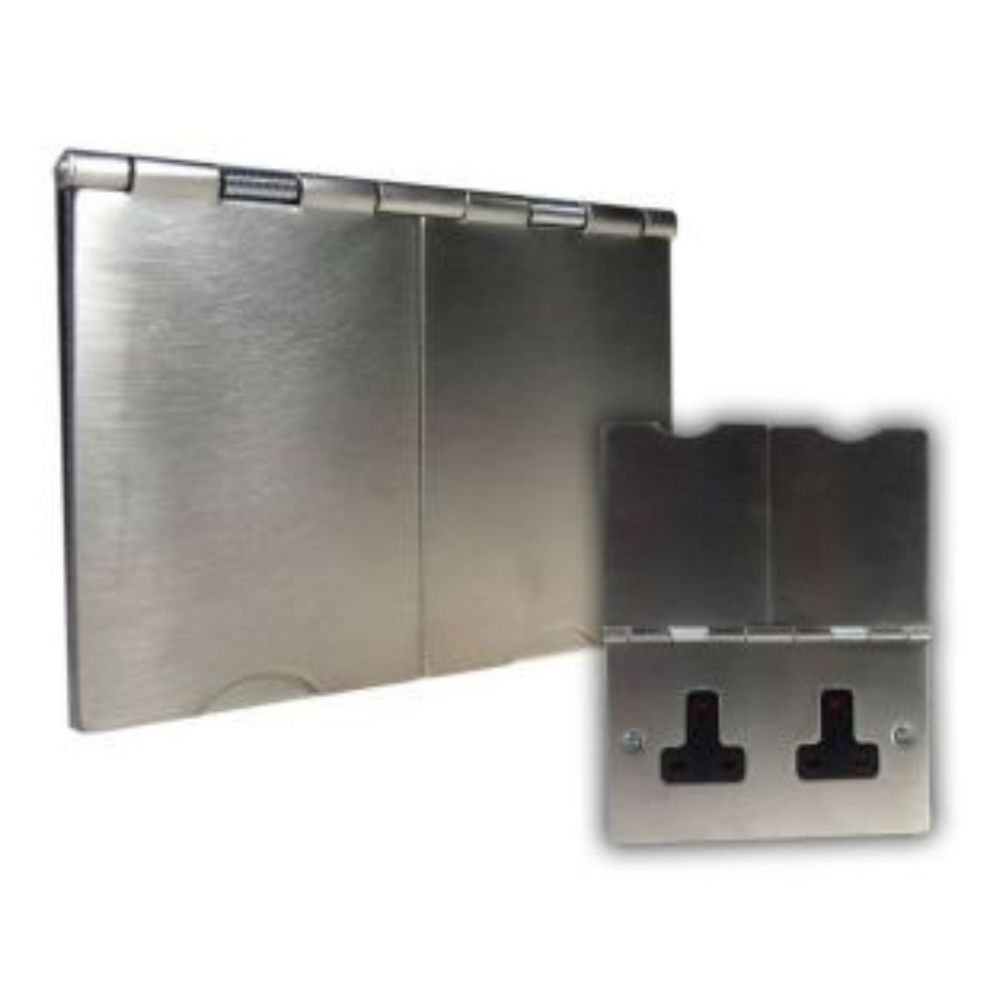 2-Gang 13-Amp Unswitched Floor Socket Satin Stainless Black Trim