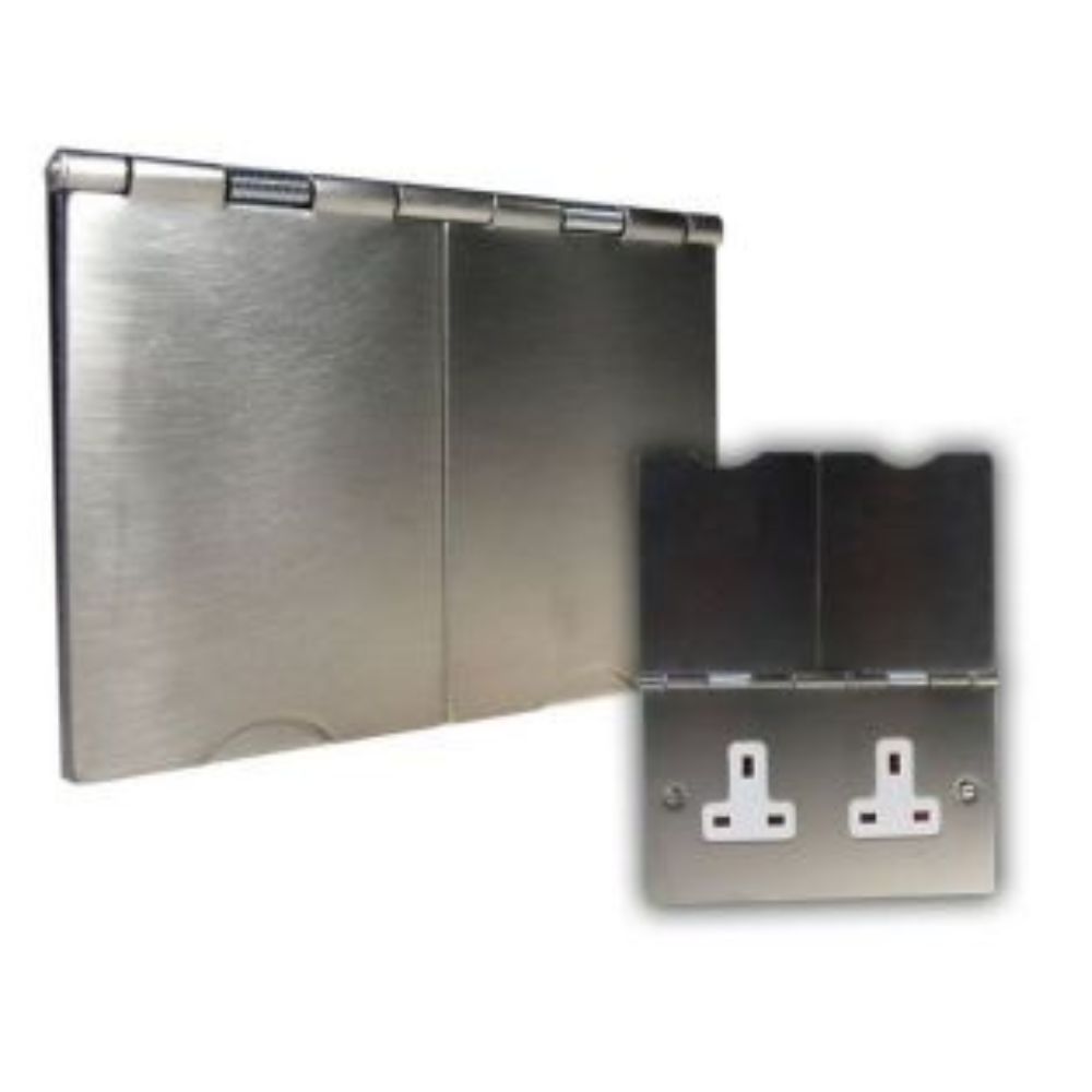 2-Gang 13-Amp Unswitched Floor Socket Satin Stainless White Trim