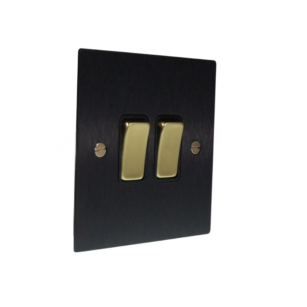 Satin Black Metal Flat Plate Double Light Switch Polished Brass and Black