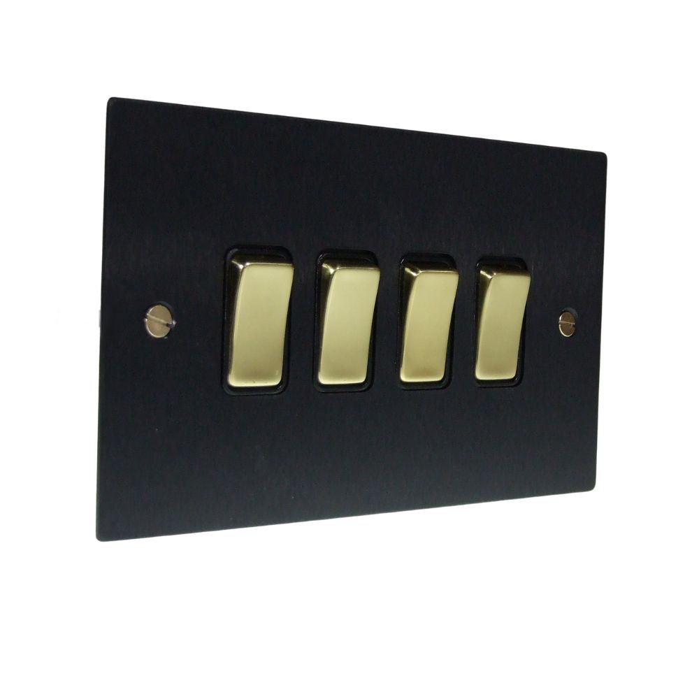 Satin Black Metal Flat Plate 4 Switch Light Switch Polished Brass and Black