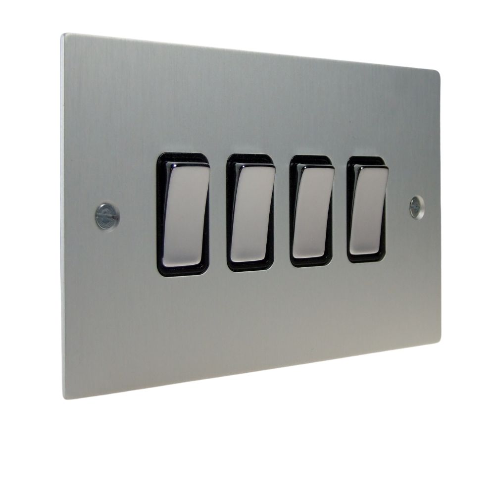 Satin Silver Metal Flat Plate 4 Switch Light Switch Polished Chrome and Black