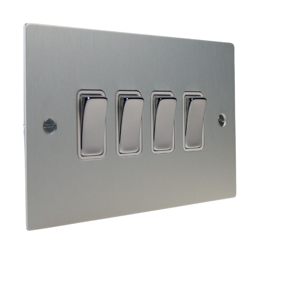 Satin Silver Metal Flat Plate 4 Switch Light Switch Polished Chrome and White