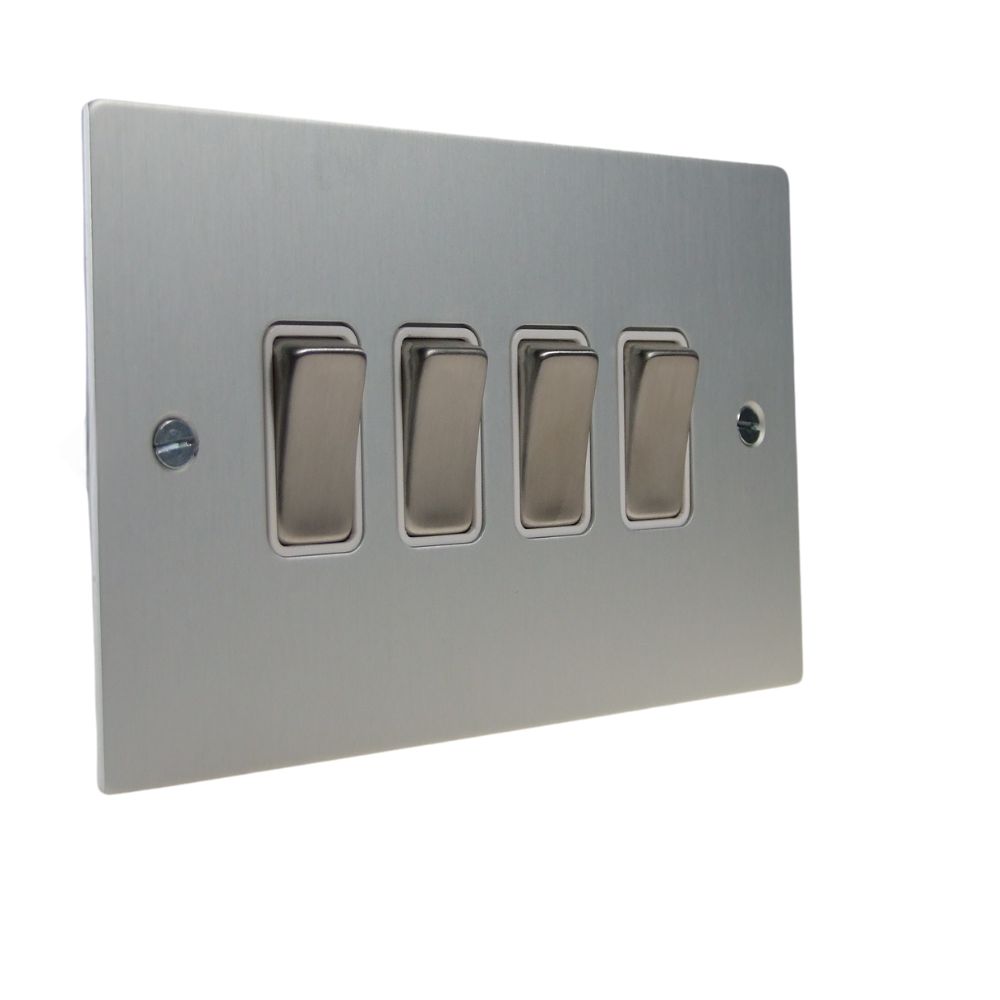 Satin Silver Metal Flat Plate 4 Switch Light Switch Satin Stainless and White
