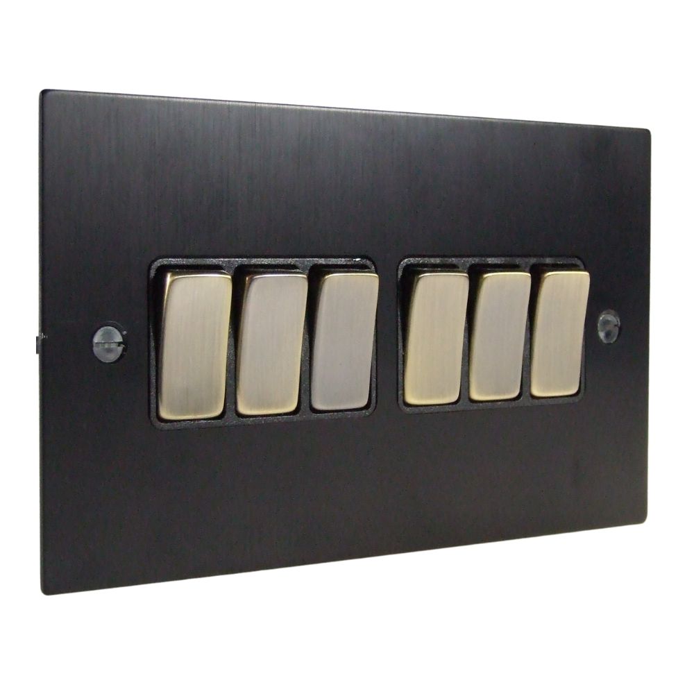 Satin Black Metal Flat Plate 6 Switch Light Switch Antique Brass and Black