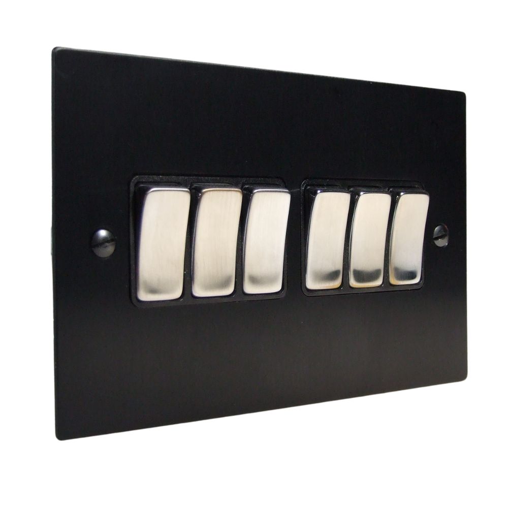 Satin Black Metal Flat Plate 6 Switch Light Switch Satin Stainless and Black