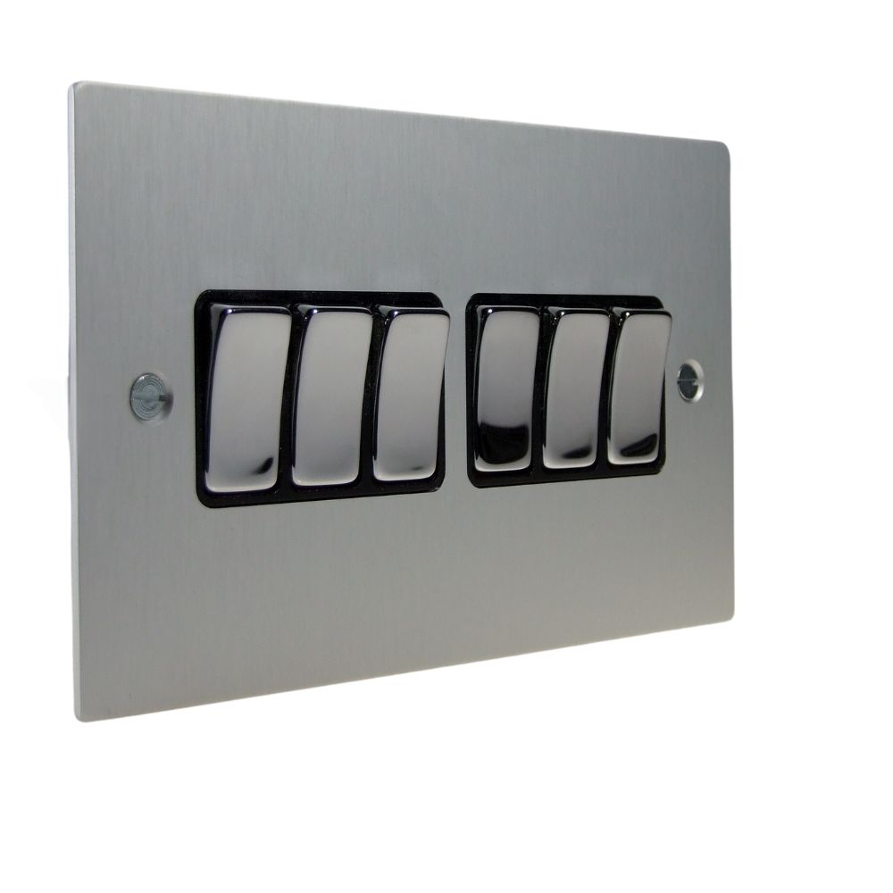 Satin Silver Metal Flat Plate 6 Switch Light Switch Polished Chrome and Black