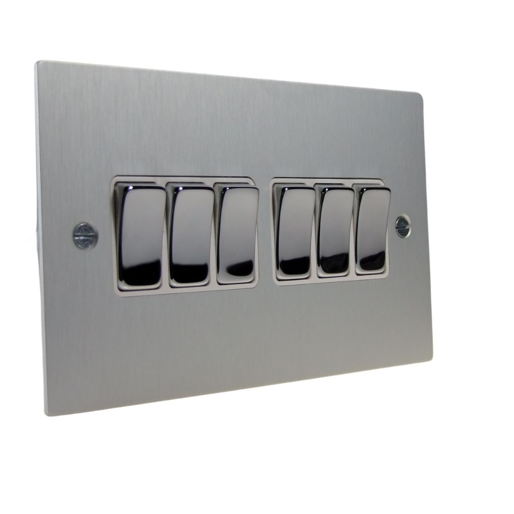 Satin Silver Metal Flat Plate 6 Switch Light Switch Polished Chrome and White