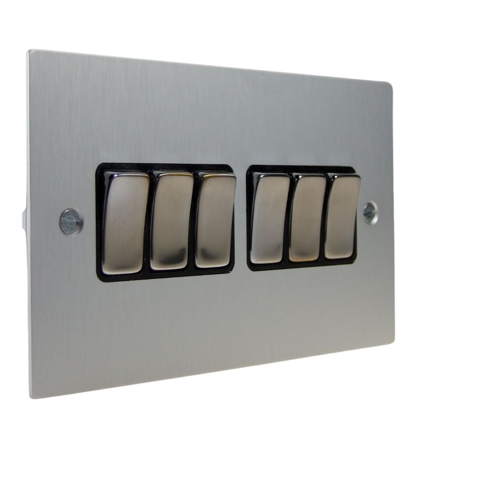 Satin Silver Metal Flat Plate 6 Switch Light Switch Satin Stainless and Black