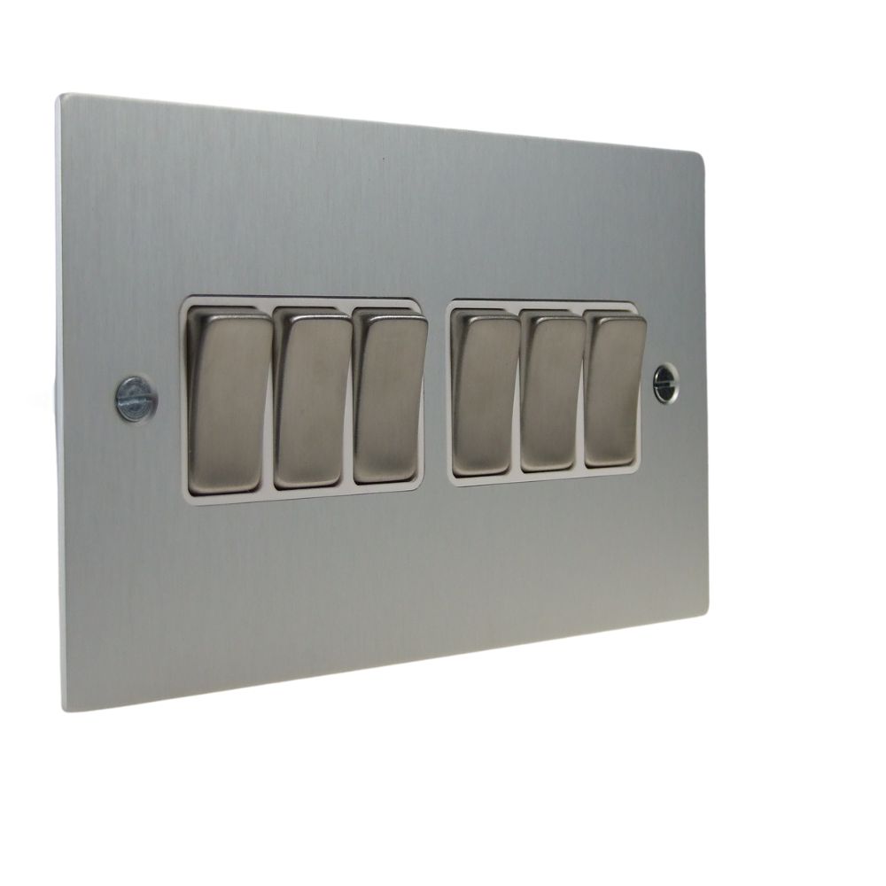 Satin Silver Metal Flat Plate 6 Switch Light Switch Satin Stainless and White