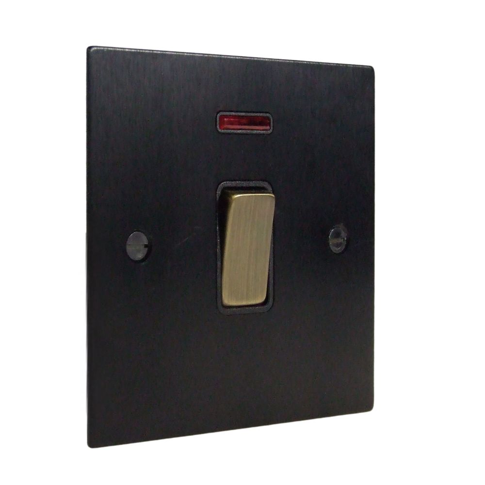 Satin Black Metal Flat Plate Double Pole Switch with Neon Antique Brass and Black