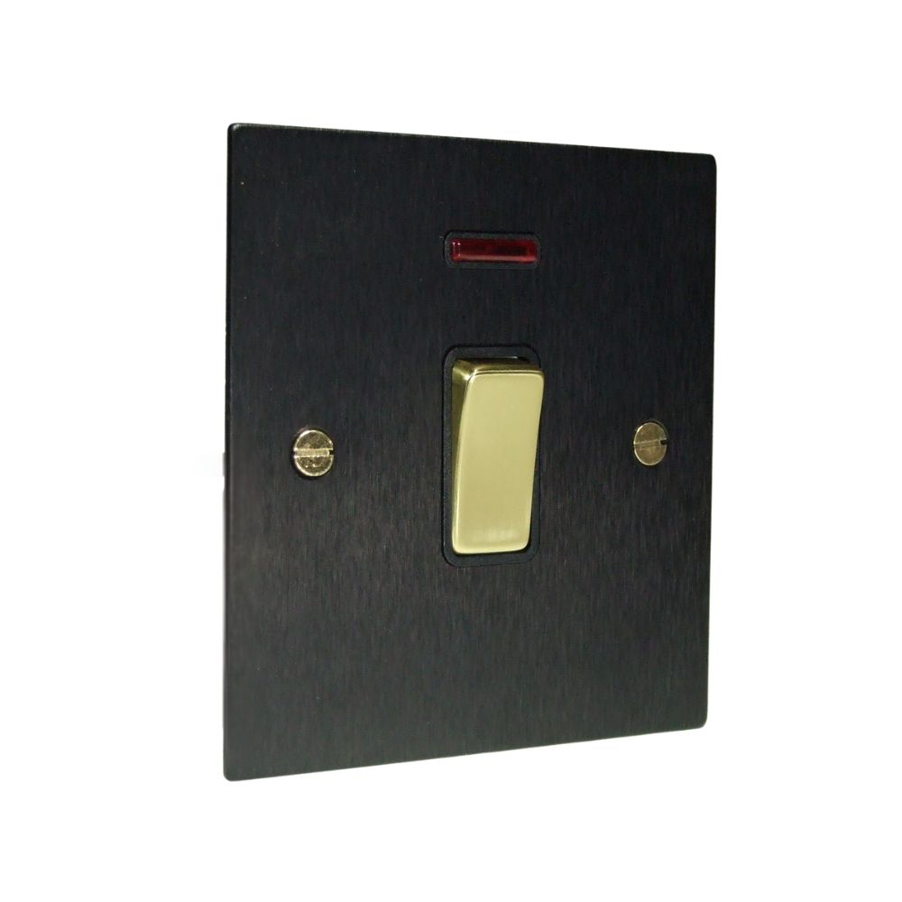 Satin Black Metal Flat Plate Double Pole Switch With Neon Polished Brass and Black