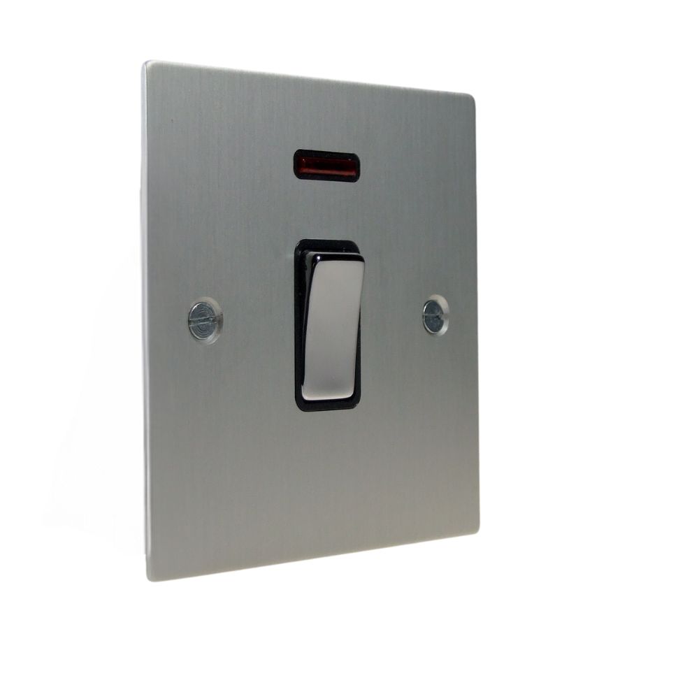 Satin Silver Metal Flat Plate Double Pole Switch with Neon Polished Chrome and Black