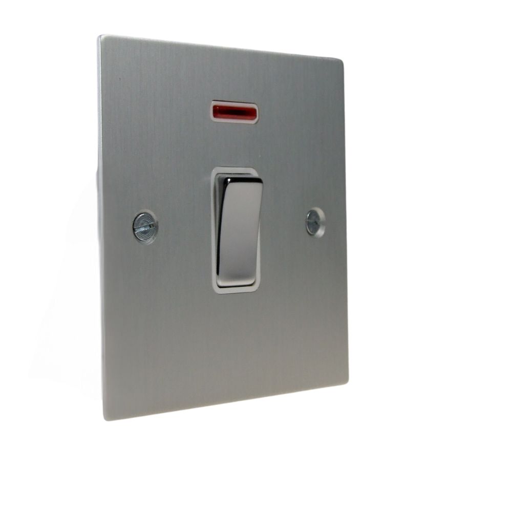 Satin Silver Metal Flat Plate Double Pole Switch With Neon Polished Chrome and White