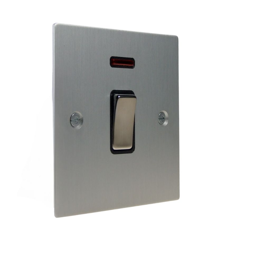 Satin Silver Metal Flat Plate Double Pole Switch With Neon Satin Stainless and Black