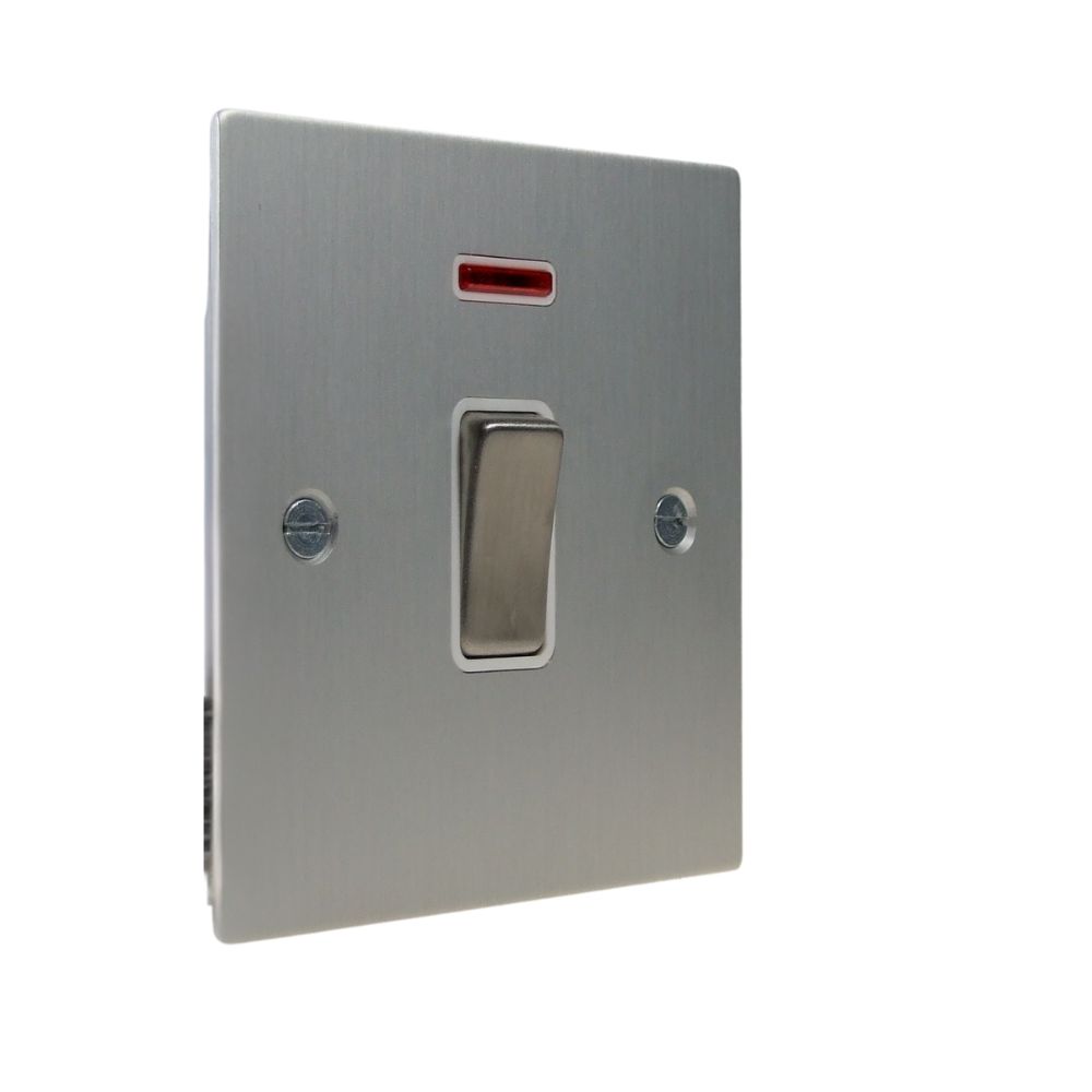 Satin Silver Metal Flat Plate Double Pole Switch With Neon Satin Stainless and White
