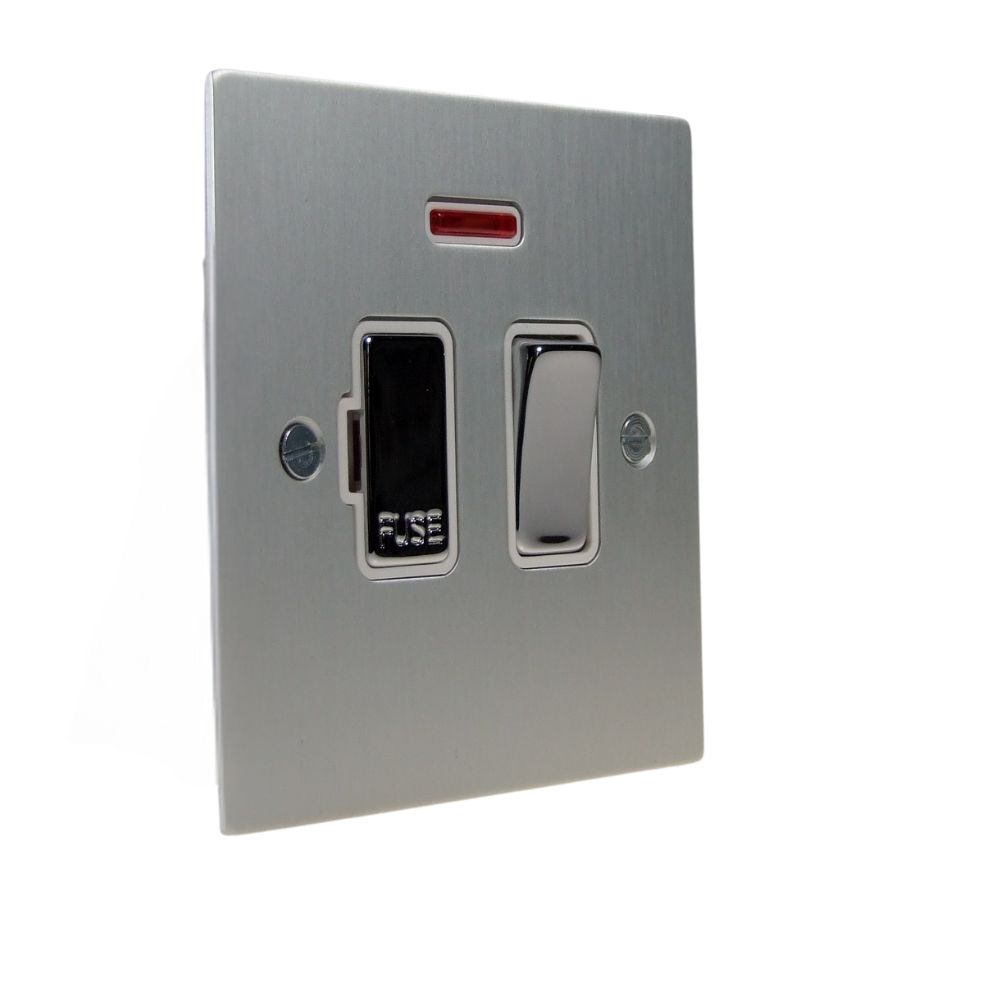 Satin Silver Metal Flat Plate Switch Fuse Spur with Neon Polished Chrome and White