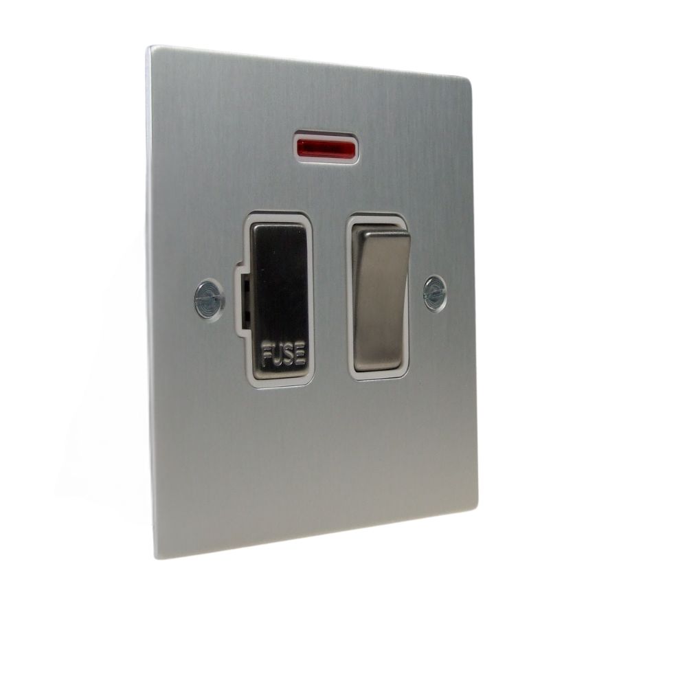 Satin Silver Metal Flat Plate Switch Fuse Spur with Neon Satin Stainless and White
