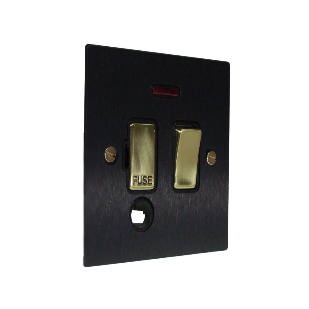 Satin Black Metal Flat Plate Switch Fuse Spur with Neon and Cord Outlet Polished Brass and Black