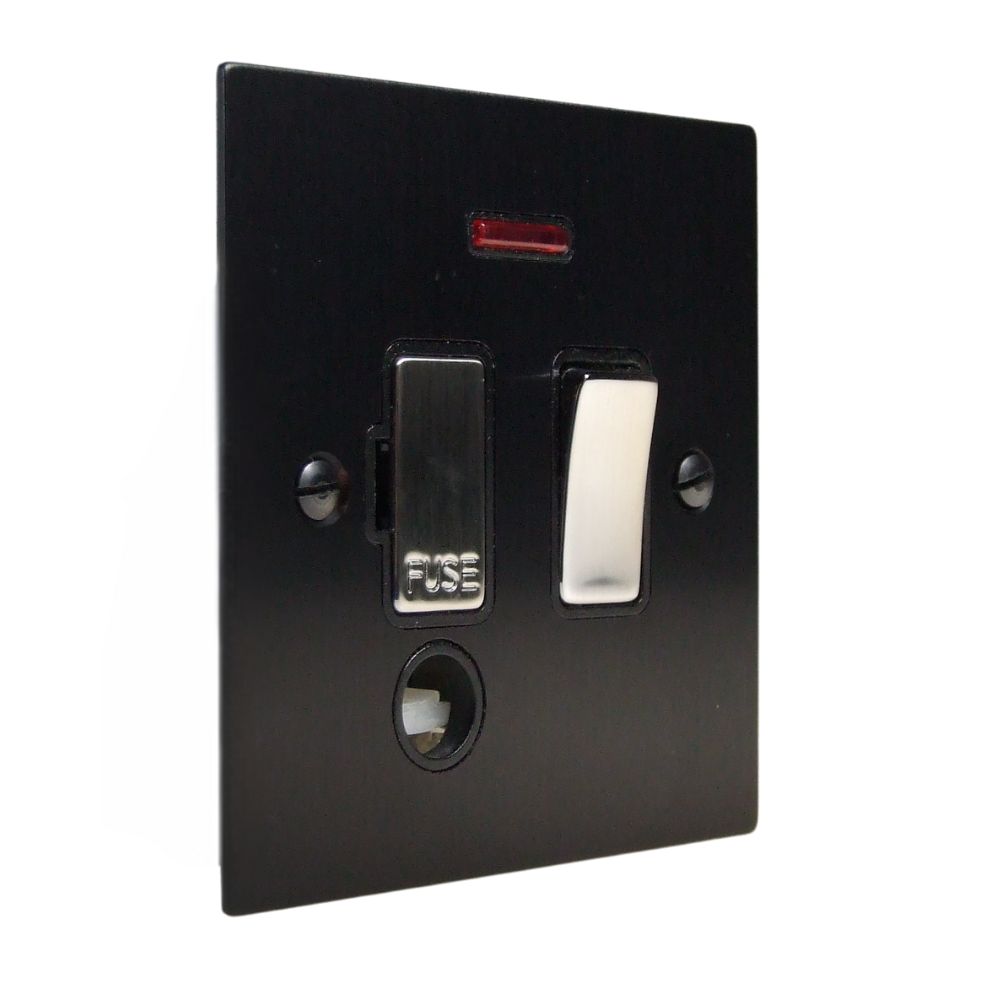 Satin Black Metal Flat Plate Switch Fuse Spur with Neon and Cord Outlet Satin Stainless and Black