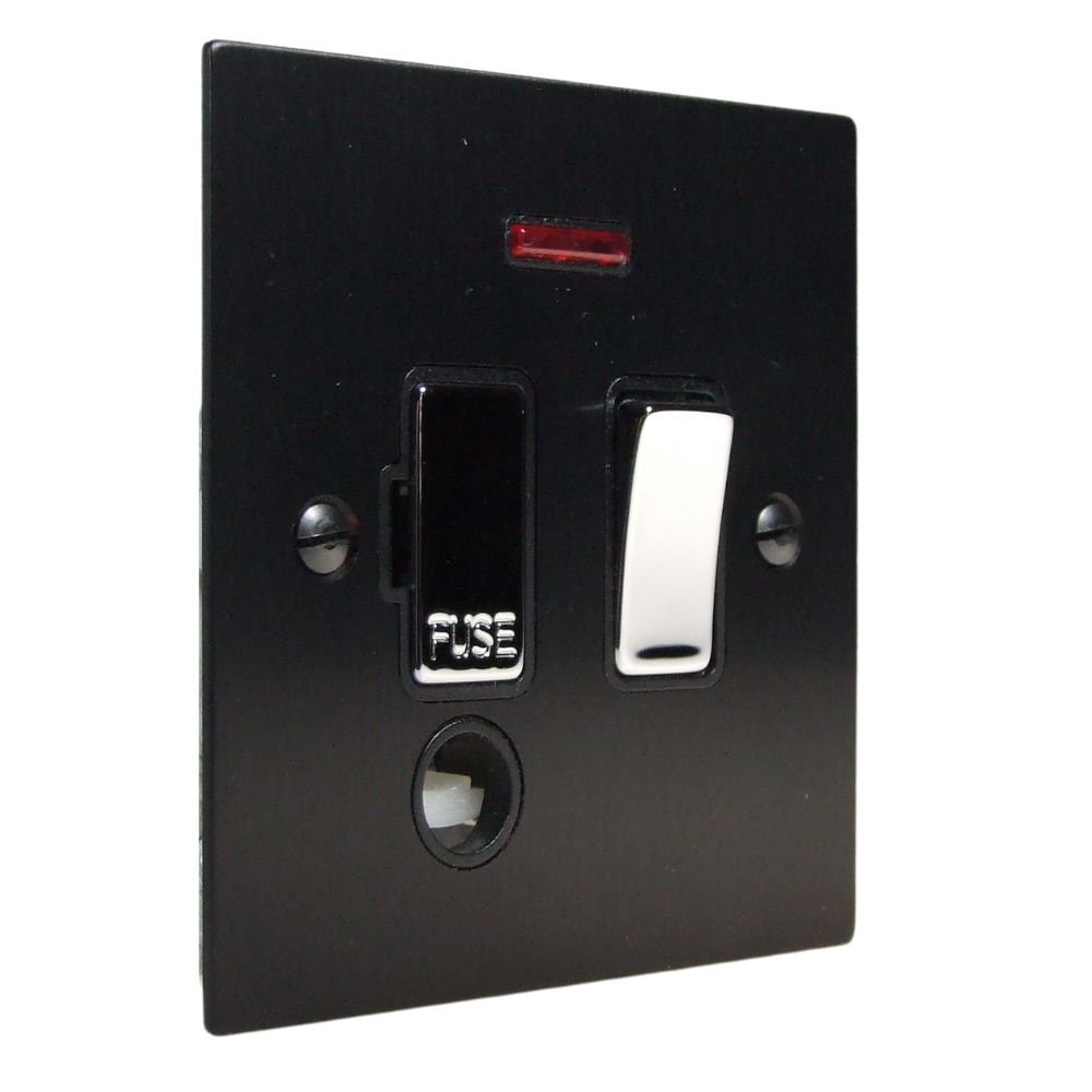 Satin Black Metal Flat Plate Switch Fuse Spur with Neon and Cord Outlet Polished Chrome and Black