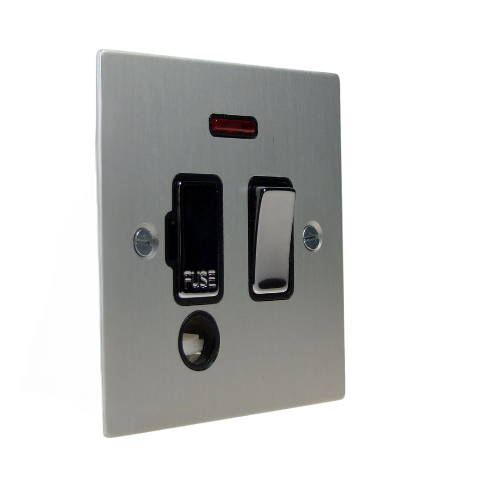 Satin Silver Metal Flat Plate Switch Fuse Spur with Neon and Cord Outlet Polished Chrome and Black