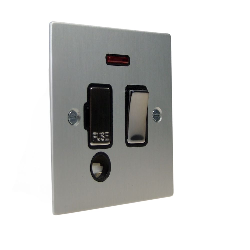 Satin Silver Metal Flat Plate Switch Fuse Spur with Neon and Cord Outlet Satin Stainless and Black