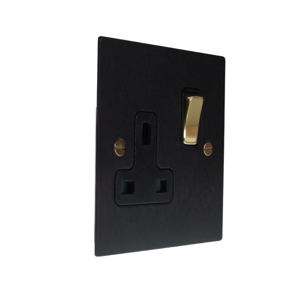 Satin Black Metal Flat Plate Single Socket Polished Brass and Black