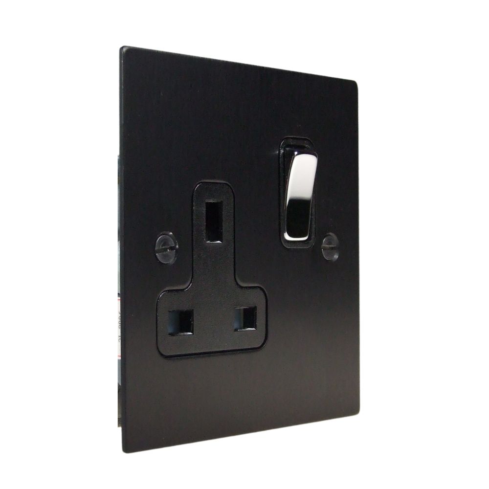 Satin Black Metal Flat Plate Single Socket Polished Chrome and Black
