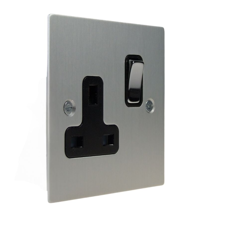 Satin Silver Metal Flat Plate Single Socket Polished Chrome and Black