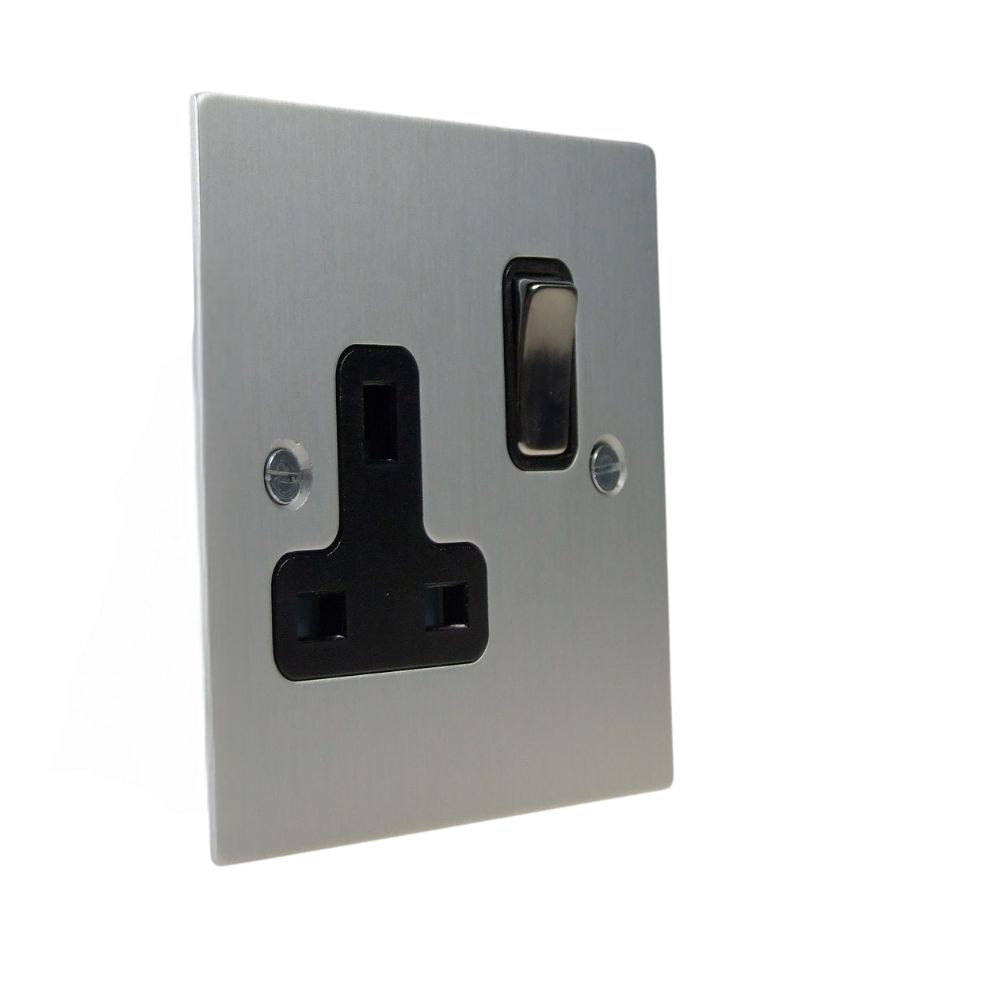 Satin Silver Metal Flat Plate Single Socket Satin Stainless and Black
