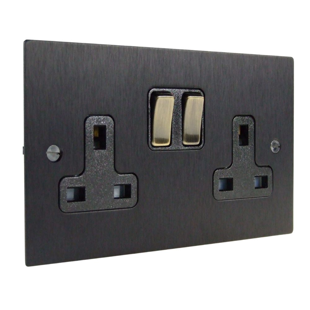Satin Black Metal Flat Plate Double Socket Antique Brass and Black
