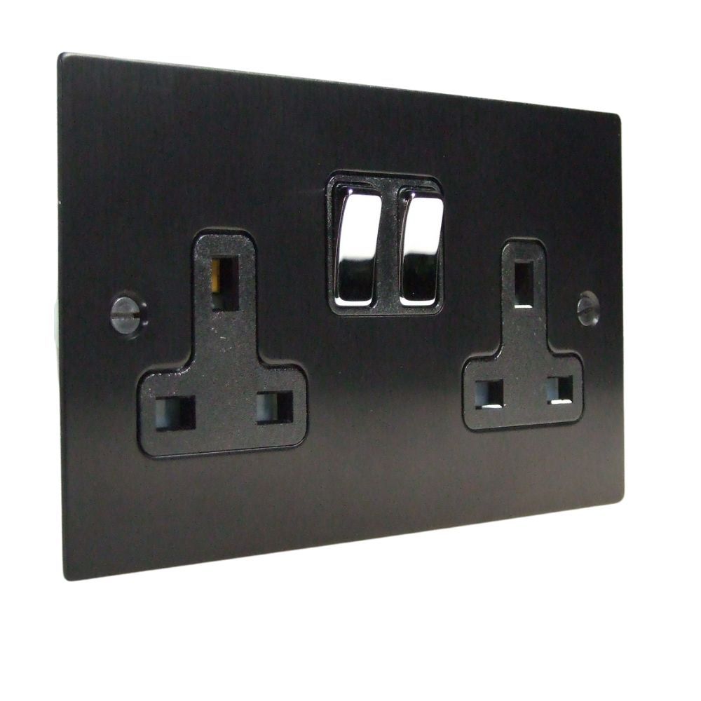 Satin Black Metal Flat Plate Double Socket Polished Chrome and Black