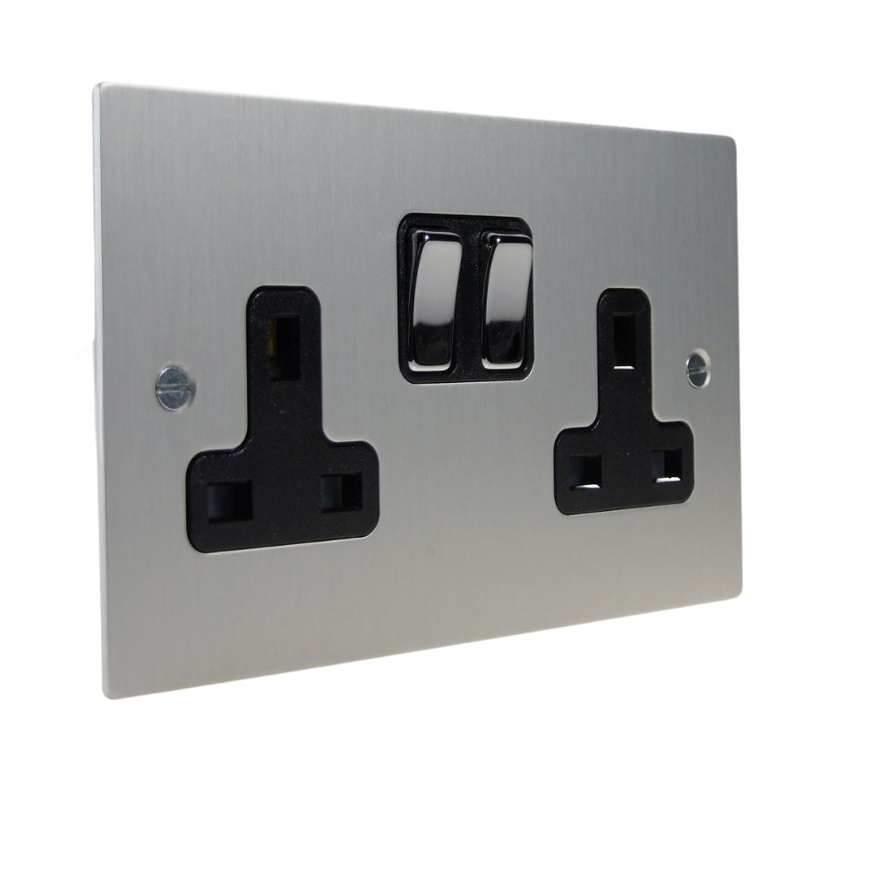 Satin Silver Metal Flat Plate Double Socket Polished Chrome and Black
