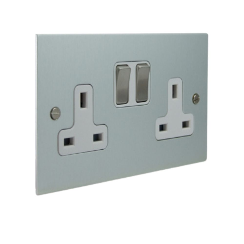 Satin Silver Metal Flat Plate Double Socket Satin Stainless and White