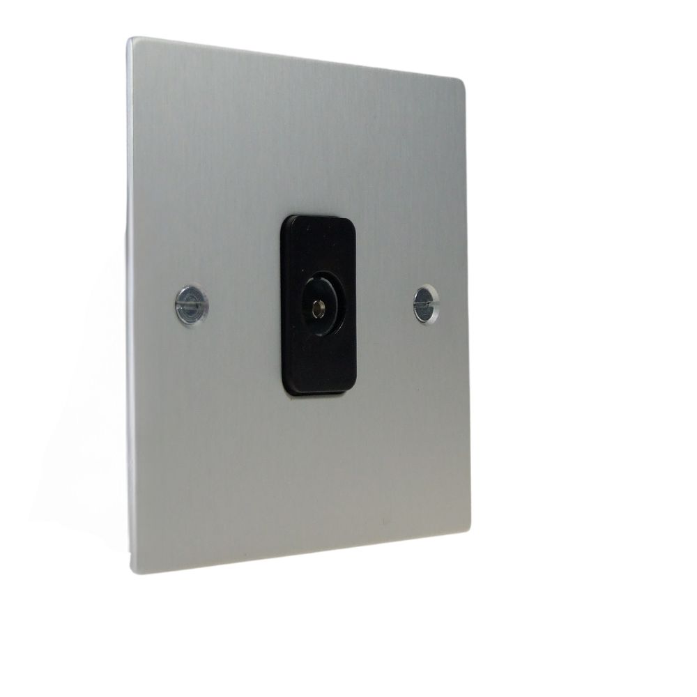 Satin Silver Metal Flat Plate Single Isolated TV-Coaxial Socket Black
