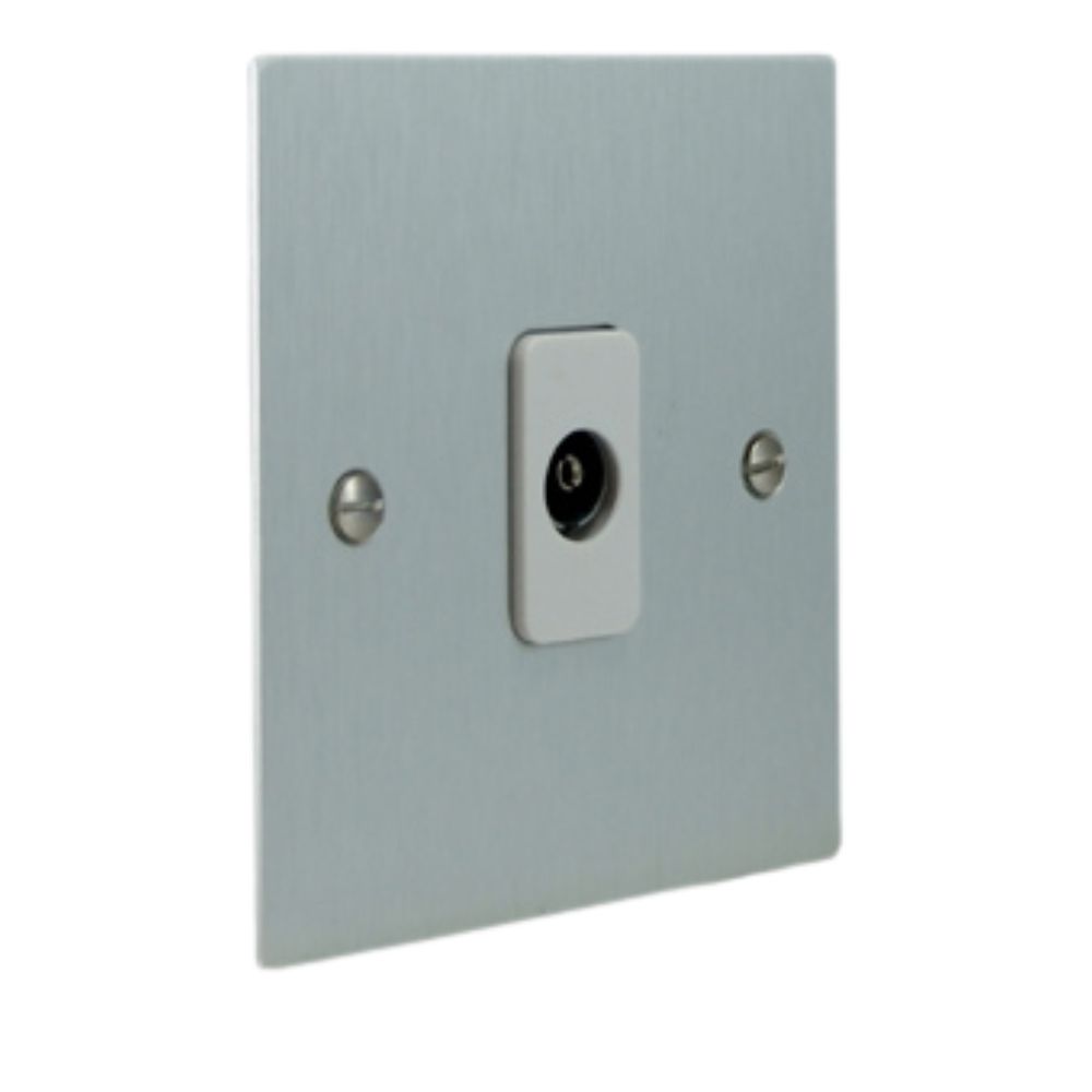 Satin Silver Metal Flat Plate Single Isolated Co-Axial Socket White