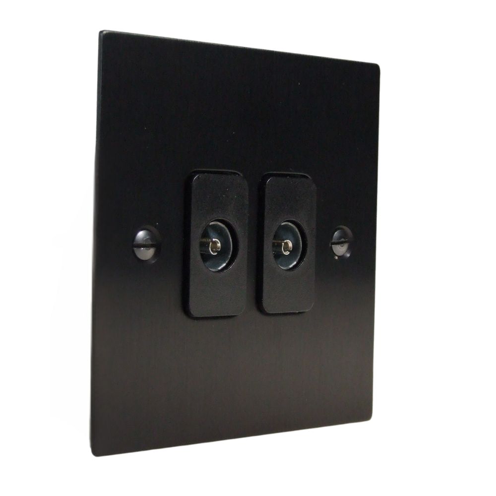 Satin Black Metal Flat Plate Double Non-Isolated TV-Coaxial Socket Black