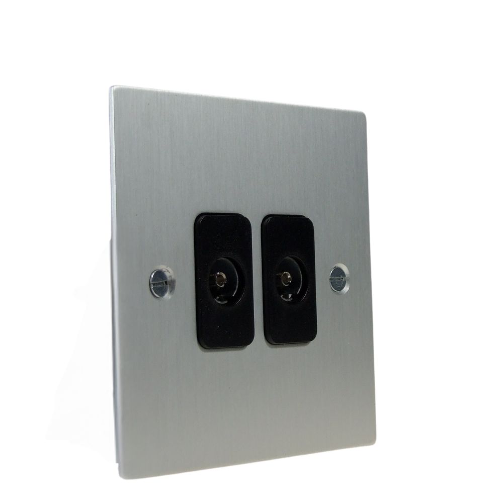 Satin Silver Metal Flat Plate Double Non-Isolated TV-Coaxial Socket Black