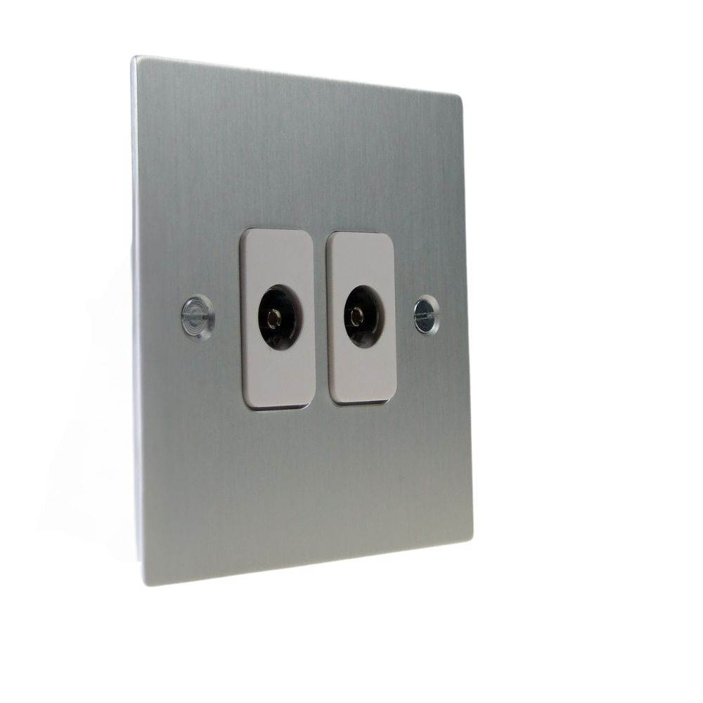 Satin Silver Metal Flat Plate Double Non-Isolated Co-Axial Socket White