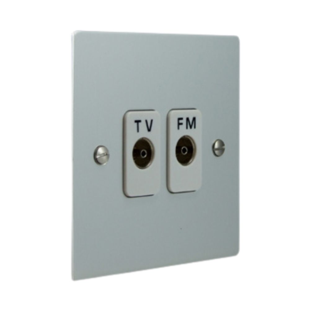 Satin Silver Metal Flat Plate TV/FM Co-Axial Isolated Socket White