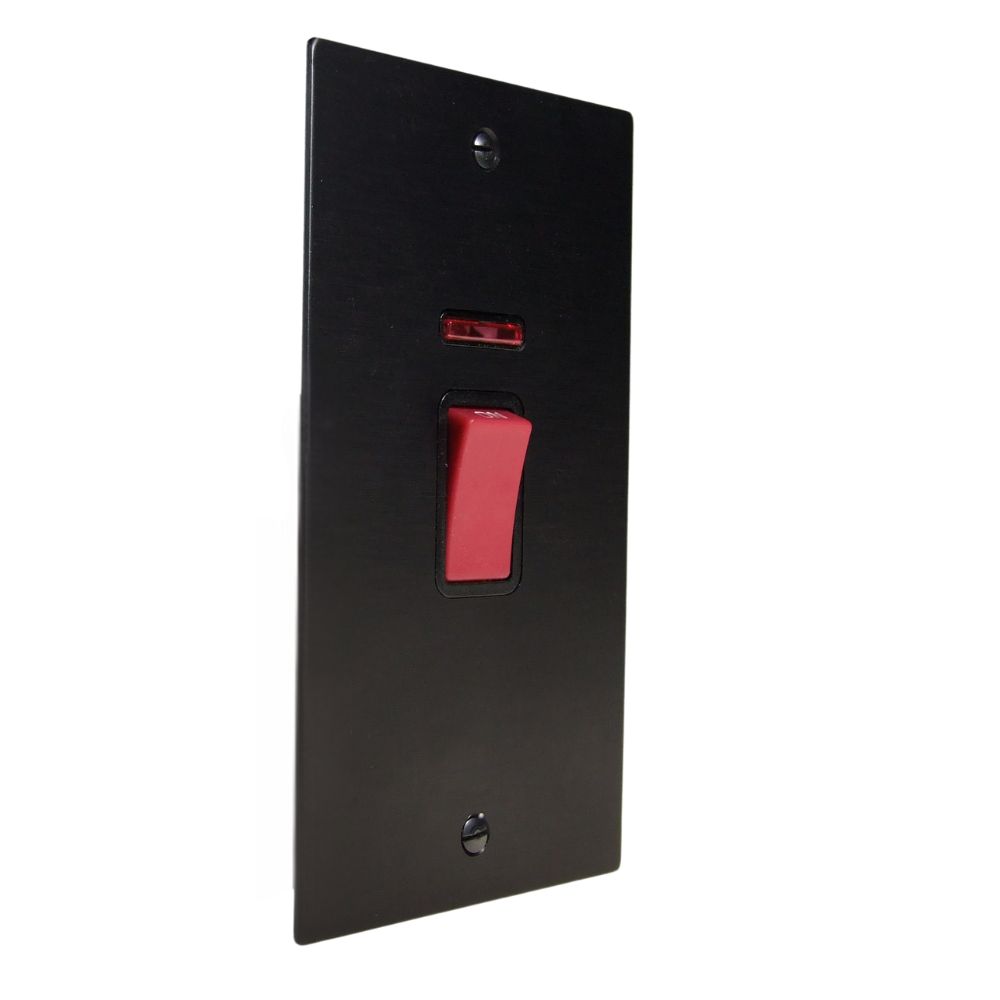 Satin Black Metal Flat Plate Double Pole Cooker Switch with Neon on a Vertical Twin Plate Black