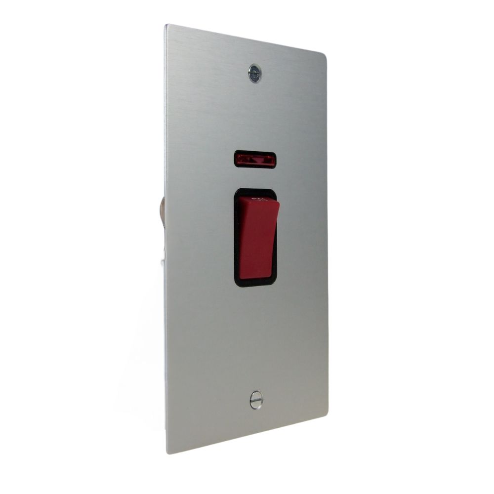 Satin Silver Metal Flat Plate Double Pole Cooker Switch with Neon on a Vertical Twin Plate Black